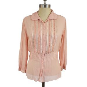 Anthropologie Tapemeasure Silk Button up Blouse 8 Satin Velvet Trim Coquette